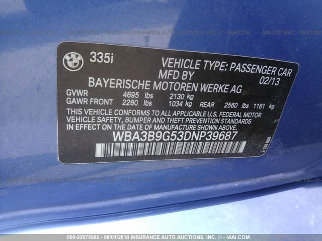 WBA3B9G53DNP39687 - 2013 BMW 335 XI BLUE photo 9