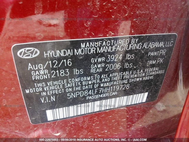 5NPD84LF7HH119728 - 2017 HYUNDAI ELANTRA SE/VALUE/LIMITED RED photo 9