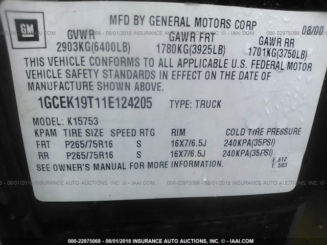 1GCEK19T11E124205 - 2001 CHEVROLET SILVERADO K1500 BLACK photo 9