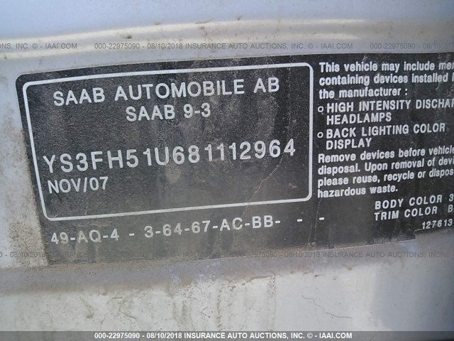 YS3FH51U681112964 - 2008 SAAB 9-3 AERO SILVER photo 9