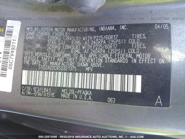 5TDZA22C85S321375 - 2005 TOYOTA SIENNA XLE/XLE LIMITED GRAY photo 9