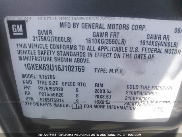 1GKEK63U16J102769 - 2006 GMC YUKON DENALI GRAY photo 9