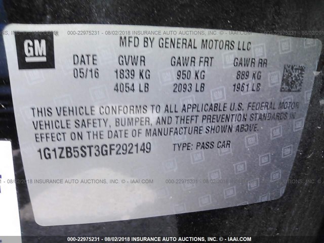 1G1ZB5ST3GF292149 - 2016 CHEVROLET MALIBU LS 黑色 照片 9