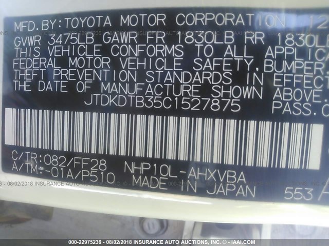 JTDKDTB35C1527875 - 2012 TOYOTA PRIUS C WHITE photo 9