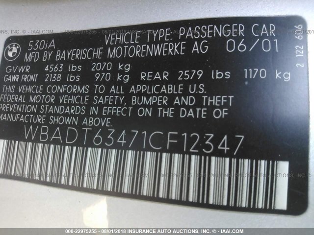 WBADT63471CF12347 - 2001 BMW 530 I AUTOMATIC SILVER photo 9