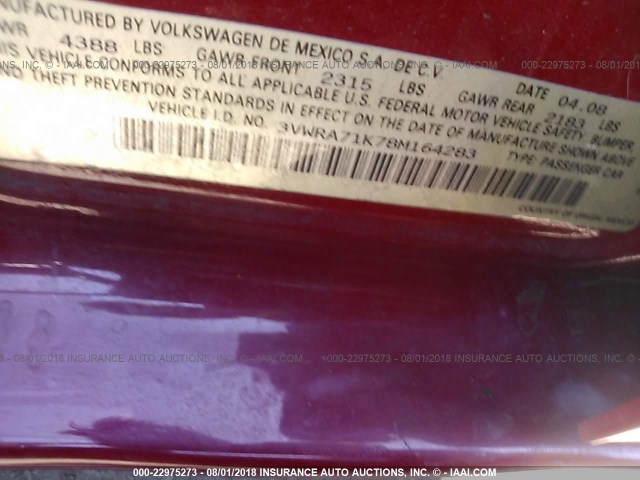 3VWRA71K78M164283 - 2008 VOLKSWAGEN JETTA WOLFSBURG 红色 照片 9