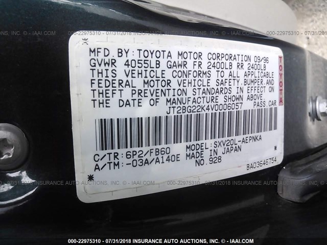 JT2BG22K4V0006057 - 1997 TOYOTA CAMRY LE/XLE GREEN photo 9