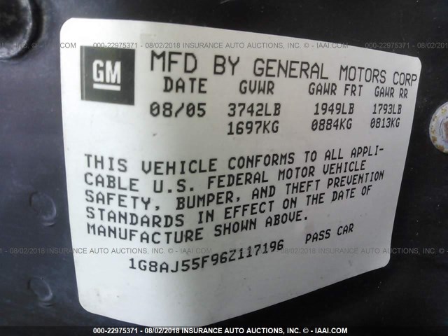 1G8AJ55F96Z117196 - 2006 SATURN ION LEVEL 2 GRAY photo 9