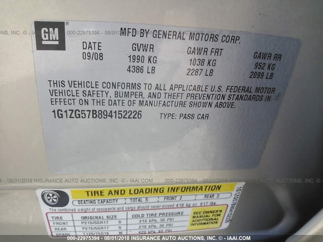 1G1ZG57B894152226 - 2009 CHEVROLET MALIBU LS ოქროსფერი ფოტო 9