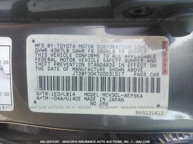 JTDBF30K720031517 - 2002 TOYOTA CAMRY LE/XLE/SE GRAY photo 9