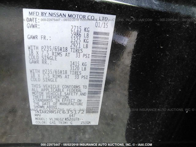 5N1AR2MM5FC635172 - 2015 NISSAN PATHFINDER S/SV/SL/PLATINUM 黑色 照片 9