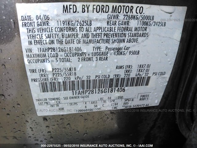 1FAHP28126G181406 - 2006 FORD FIVE HUNDRED LIMITED GRAY photo 9