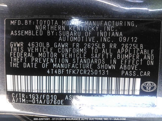 4T4BF1FK7CR250131 - 2012 TOYOTA CAMRY SE/LE/XLE 灰色 照片 9