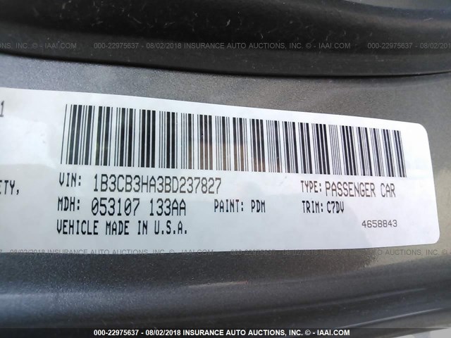 1B3CB3HA3BD237827 - 2011 DODGE CALIBER MAINSTREET GRAY photo 9