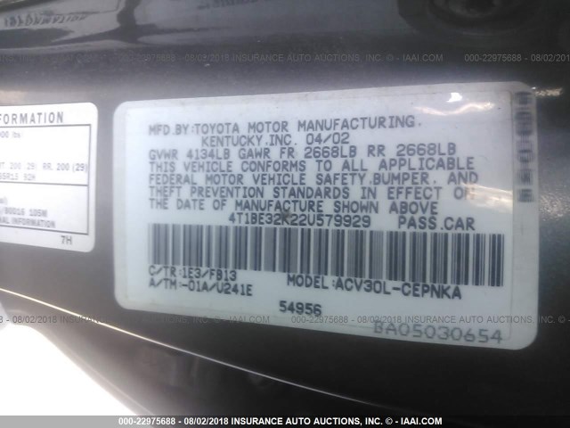 4T1BE32K22U579929 - 2002 TOYOTA CAMRY LE/XLE/SE 银色 照片 9