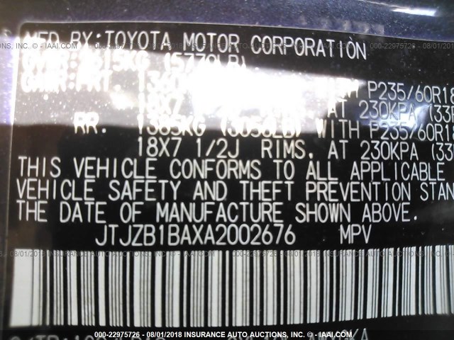 JTJZB1BAXA2002676 - 2010 LEXUS RX 450 GRAY photo 9