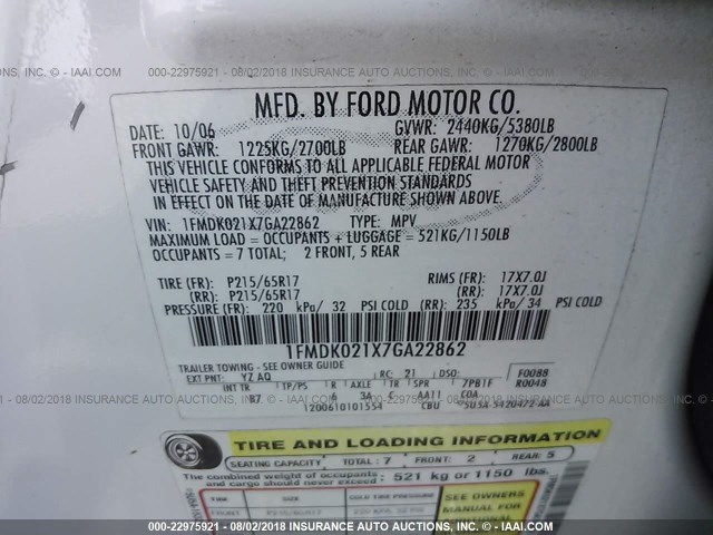 1FMDK021X7GA22862 - 2007 FORD FREESTYLE SEL WHITE photo 9