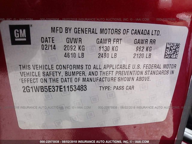 2G1WB5E37E1153483 - 2014 CHEVROLET IMPALA LIMITED LT MAROON photo 9