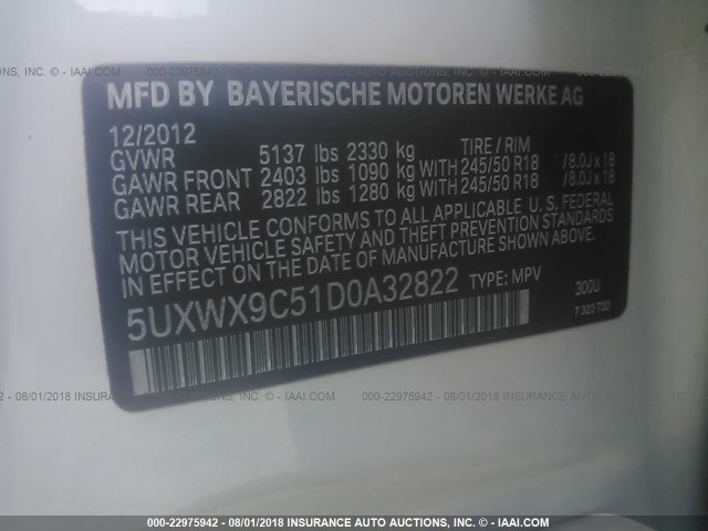 5UXWX9C51D0A32822 - 2013 BMW X3 XDRIVE28I WHITE photo 9