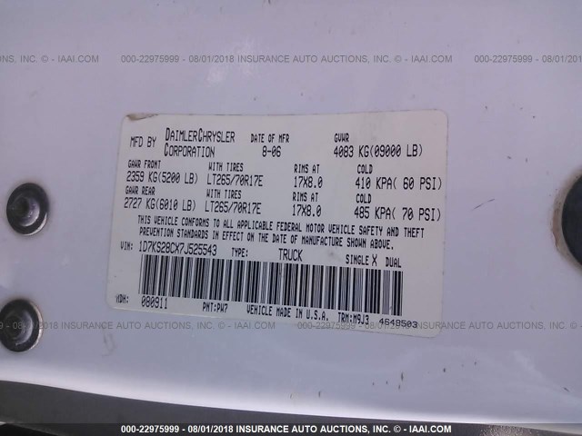 1D7KS28CX7J525543 - 2007 DODGE RAM 2500 ST/SLT 白色 照片 9