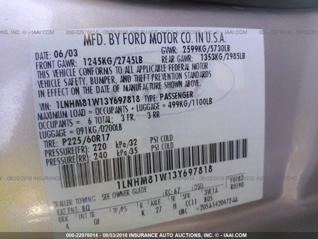 1LNHM81W13Y697818 - 2003 LINCOLN TOWN CAR EXECUTIVE TAN photo 9