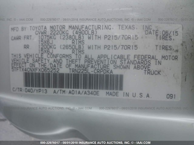 5TFTX4CNXFX065252 - 2015 TOYOTA TACOMA ACCESS CAB Weiß Foto 9
