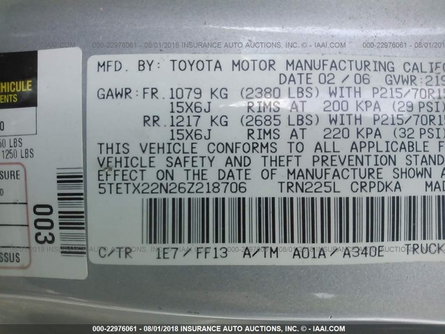 5TETX22N26Z218706 - 2006 TOYOTA TACOMA ACCESS CAB Күміс фото 9