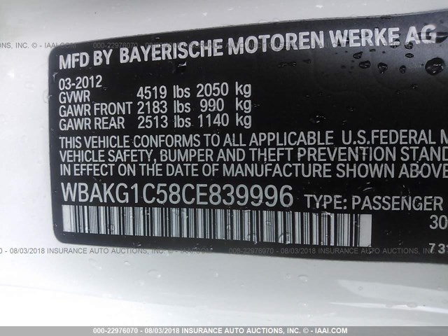 WBAKG1C58CE839996 - 2012 BMW 335 I SULEV WHITE photo 9