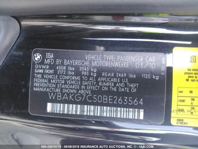 WBAKG7C50BE263564 - 2011 BMW 335 I BLACK photo 9