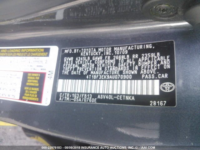 4T1BF3EK9AU070900 - 2010 TOYOTA CAMRY SE/LE/XLE YELLOW photo 9
