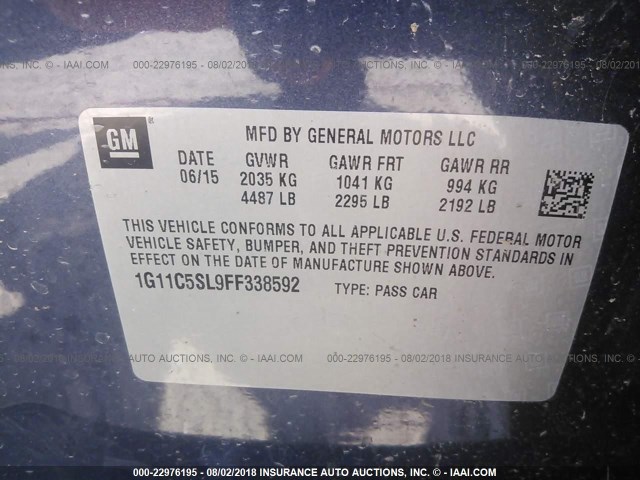 1G11C5SL9FF338592 - 2015 CHEVROLET MALIBU 1LT ლურჯი ფოტო 9