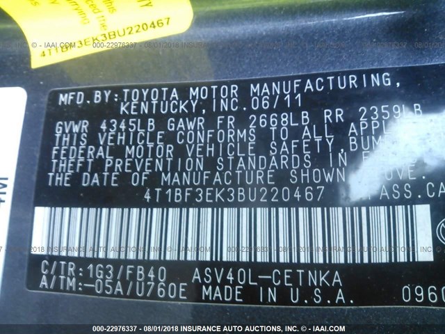 4T1BF3EK3BU220467 - 2011 TOYOTA CAMRY SE/LE/XLE ნაცრისფერი ფოტო 9