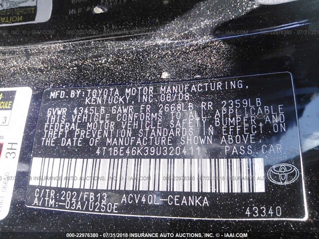 4T1BE46K39U320411 - 2009 TOYOTA CAMRY SE/LE/XLE შავი ფოტო 9