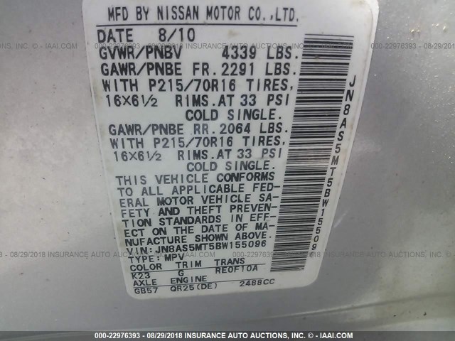 JN8AS5MT5BW155096 - 2011 NISSAN ROGUE S/SV/KROM SILVER photo 9