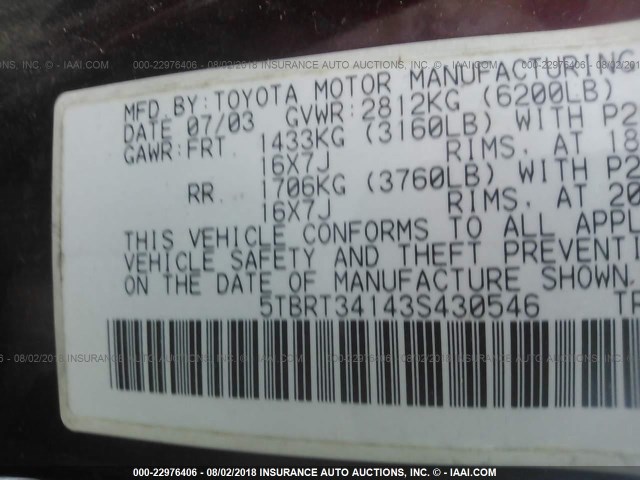 5TBRT34143S430546 - 2003 TOYOTA TUNDRA ACCESS CAB SR5 RED photo 9