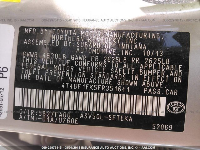 4T4BF1FK5ER351641 - 2014 TOYOTA CAMRY L/SE/LE/XLE SILVER photo 9