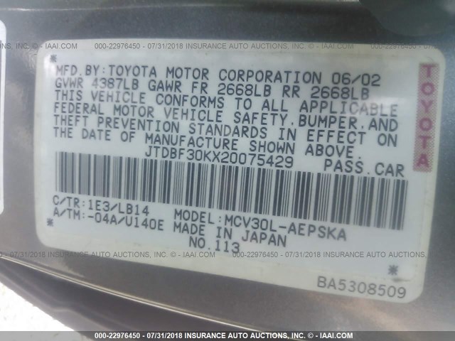 JTDBF30KX20075429 - 2002 TOYOTA CAMRY LE/XLE/SE Boz foto 9