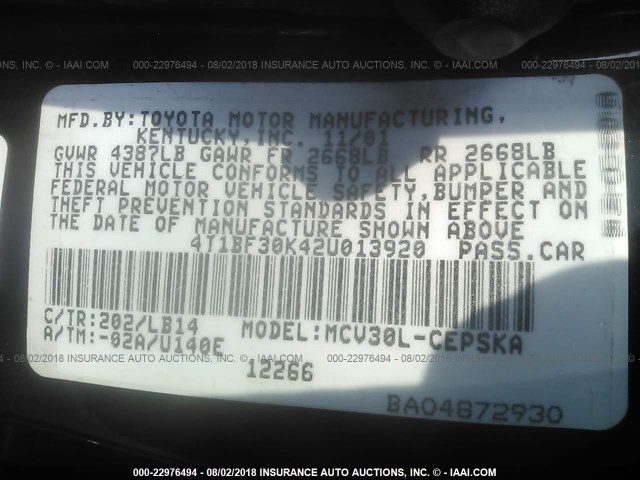 4T1BF30K42U013920 - 2002 TOYOTA CAMRY LE/XLE/SE Qara foto 9