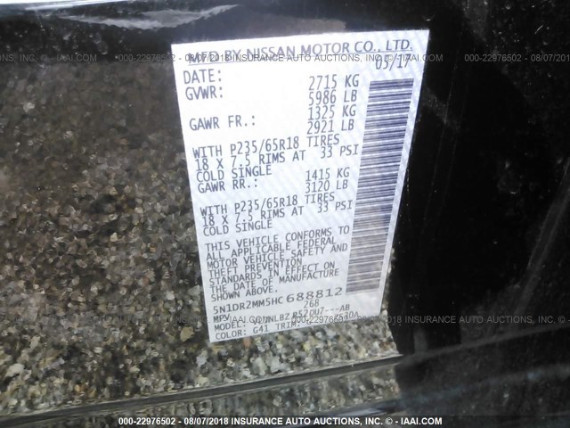 5N1DR2MM5HC688812 - 2017 NISSAN PATHFINDER S/SV/SL/PLATINUM BLACK photo 9