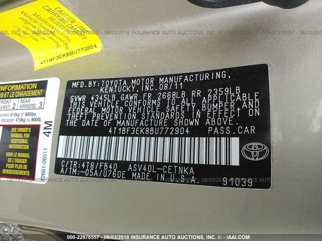 4T1BF3EK8BU772904 - 2011 TOYOTA CAMRY SE/LE/XLE ოქროსფერი ფოტო 9