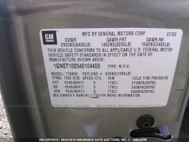 1GNET16S546104408 - 2004 CHEVROLET TRAILBLAZER EXT LS/EXT LT GREEN photo 9