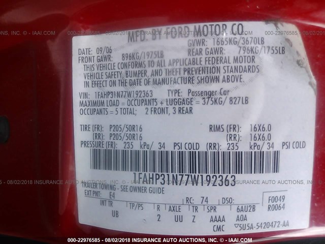 1FAHP31N77W192363 - 2007 FORD FOCUS ZX3/S/SE/SES RED photo 9