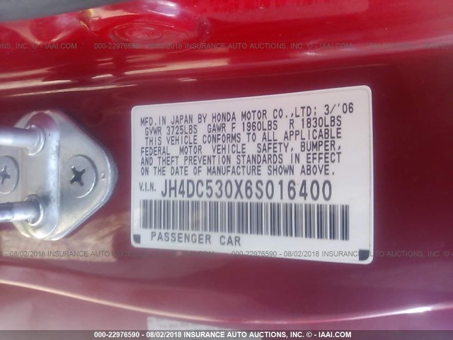 JH4DC530X6S016400 - 2006 ACURA RSX TYPE-S RED photo 9