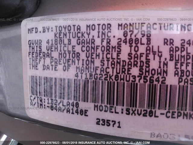 4T1BG22K0WU375642 - 1998 TOYOTA CAMRY CE/LE/XLE 棕色 照片 9