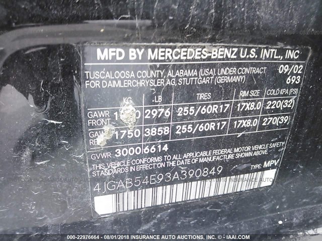 4JGAB54E93A390849 - 2003 MERCEDES-BENZ ML 320 BLACK photo 9