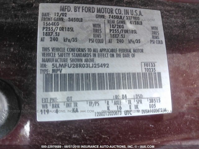 5LMFU28R03LJ25492 - 2003 LINCOLN NAVIGATOR BURGUNDY photo 9