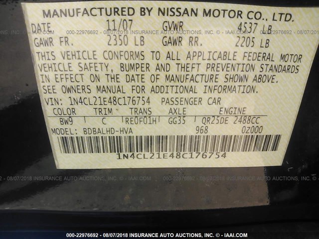 1N4CL21E48C176754 - 2008 NISSAN ALTIMA HYBRID BLUE photo 9