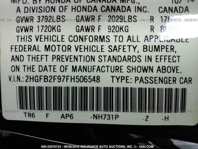 2HGFB2F97FH506548 - 2015 HONDA CIVIC EXL 黑色 照片 9