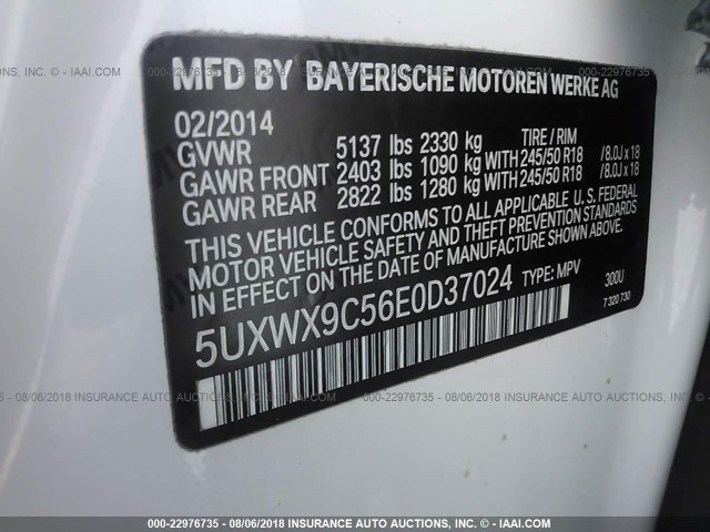 5UXWX9C56E0D37024 - 2014 BMW X3 XDRIVE28I WHITE photo 9