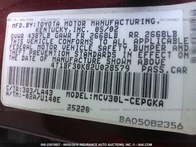 4T1BF30K82U028579 - 2002 TOYOTA CAMRY LE/XLE/SE Bordo foto 9